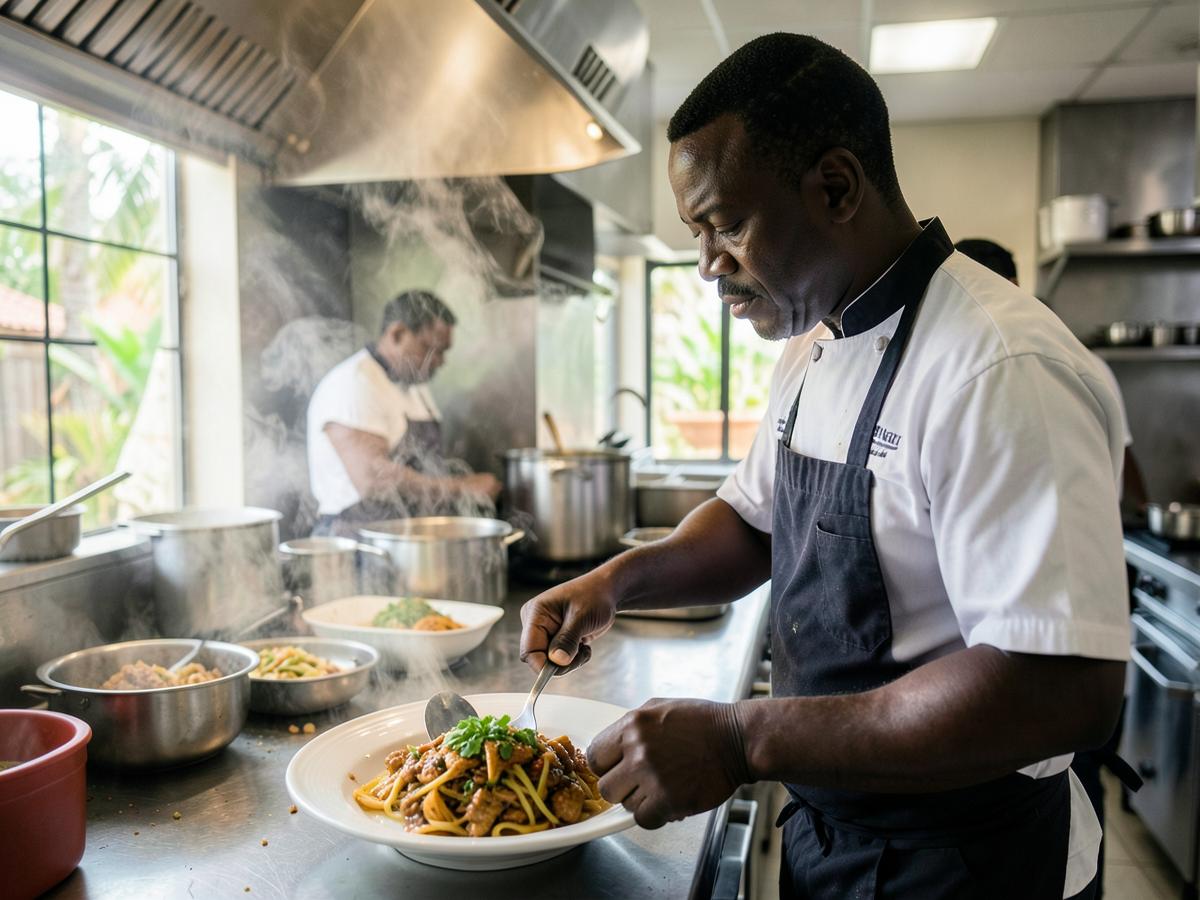 A chef plating a dish in the resort kitchen