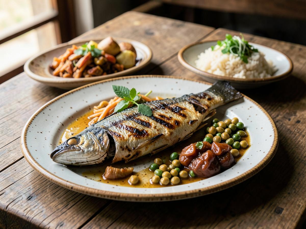 Grilled fish plated with local sides on rustic ceramic ware
