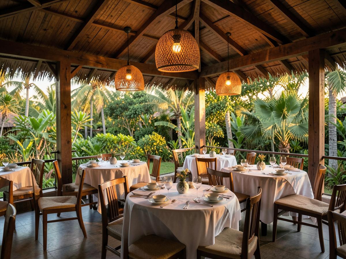 Open-air resort restaurant with timber beams and woven pendant lights