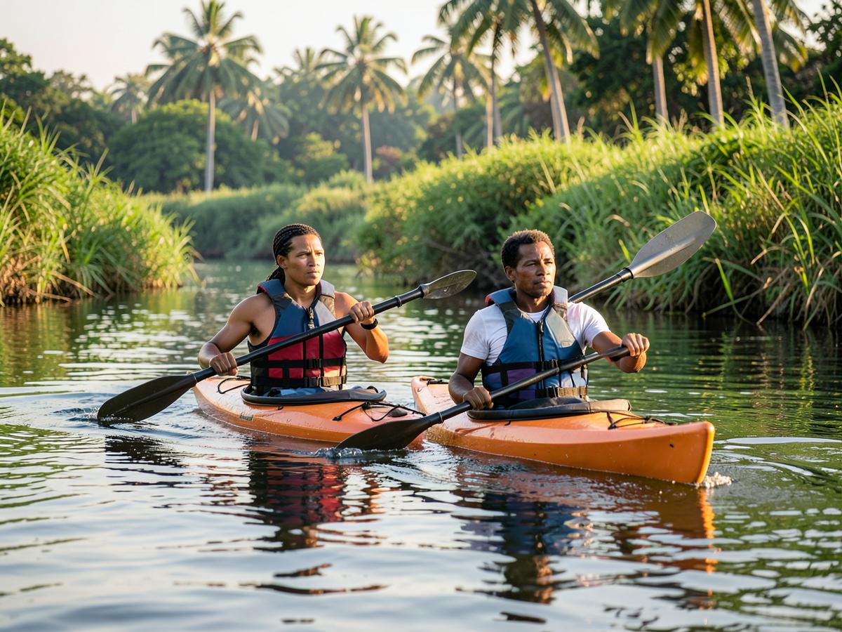 Two guests paddling kayaks on a calm stretch of the river
