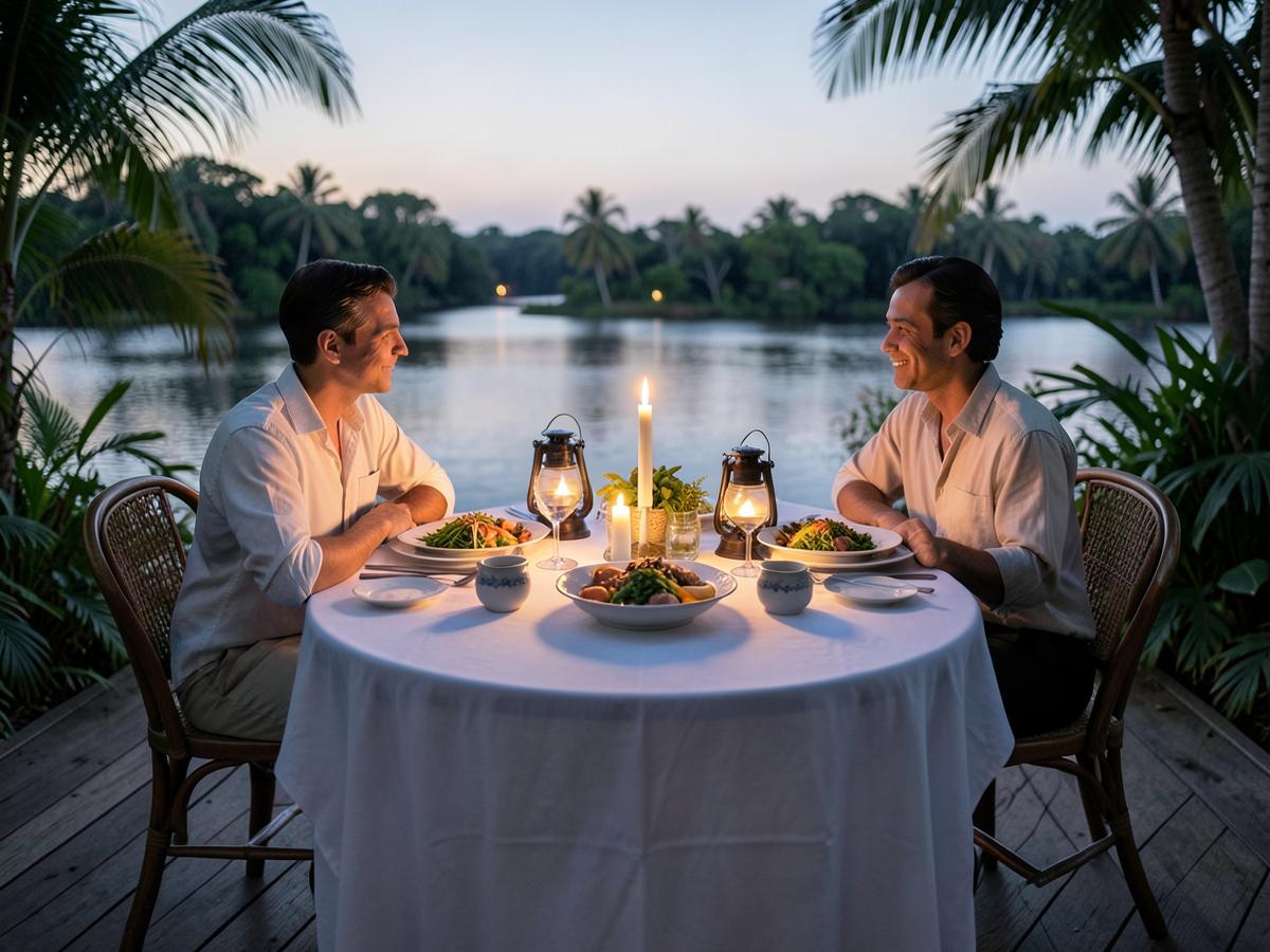A candlelit table for two set beside the river at dusk