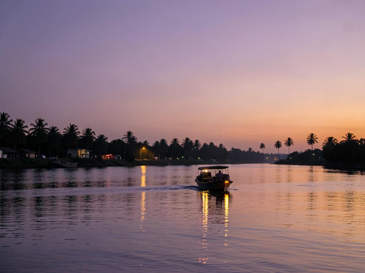 A small boat crossing the river beneath a lavender and amber sunset sky
