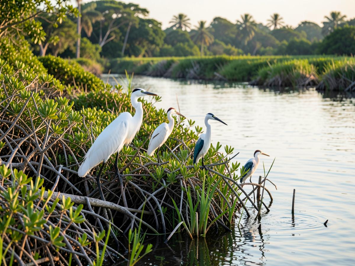 Egrets and herons resting among mangrove roots at the river's edge
