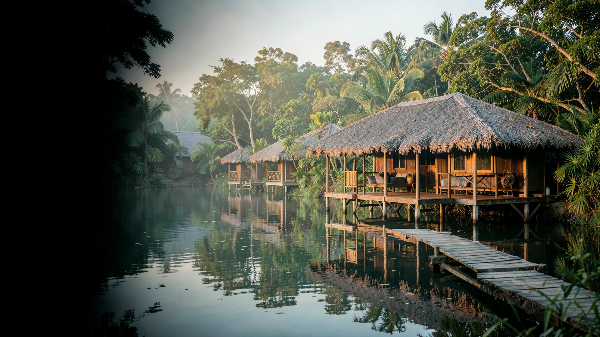 Thatched riverside lodges reflected in the calm Volta River at dawn, with a wooden jetty