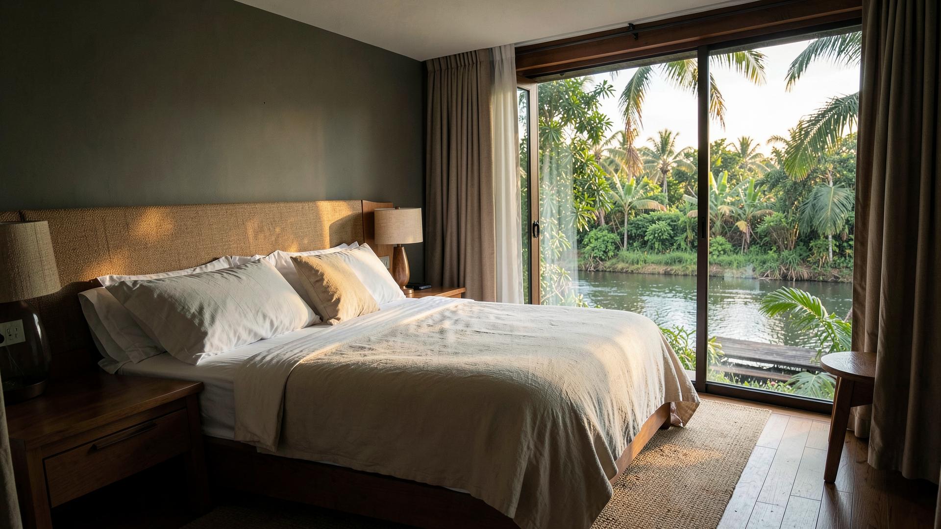 Guest room with a linen-dressed bed and wide window opening onto greenery and the river