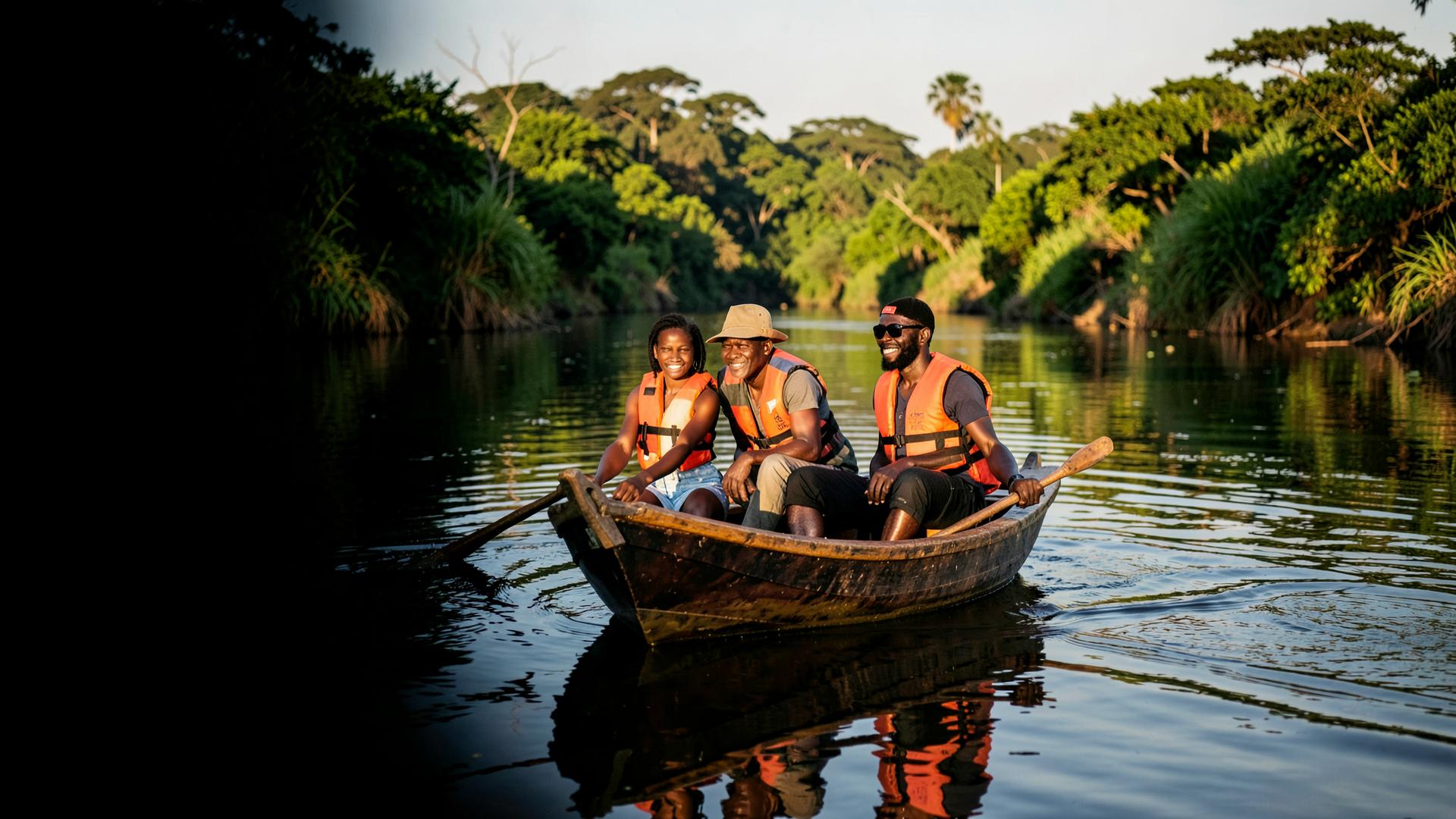 Guests and a local guide in a small wooden boat on the calm river