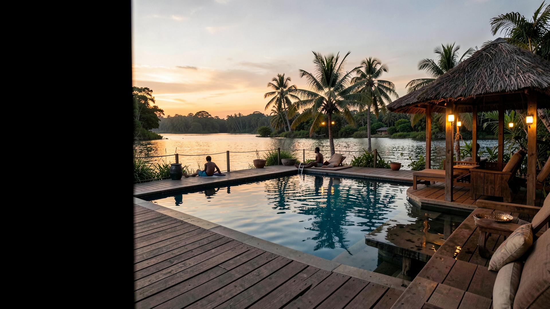 Waterfront pool and timber deck glowing at golden hour