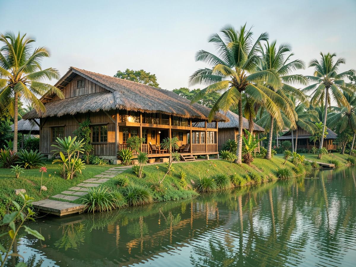 Legacy Resort's timber lodges and garden path seen from the river