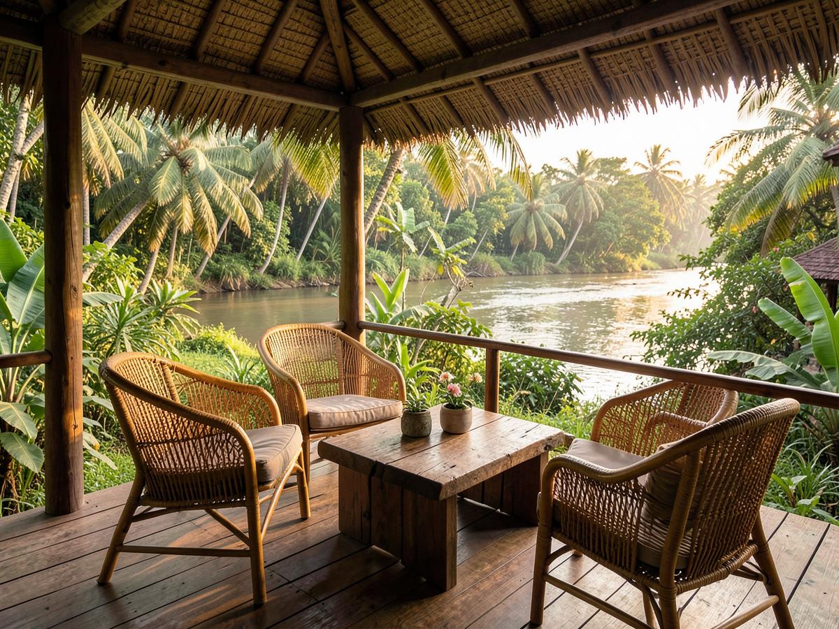 Shaded veranda with woven chairs overlooking the Volta River