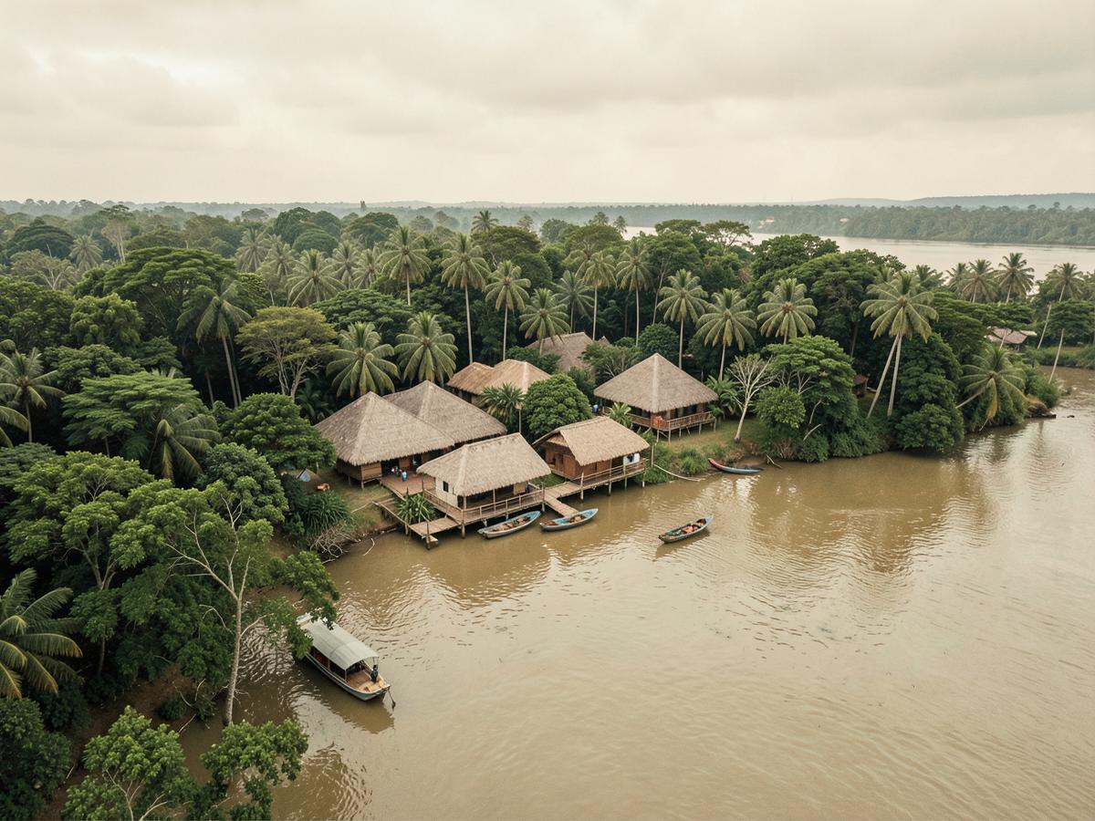 Aerial view of the secluded waterfront resort among dense greenery