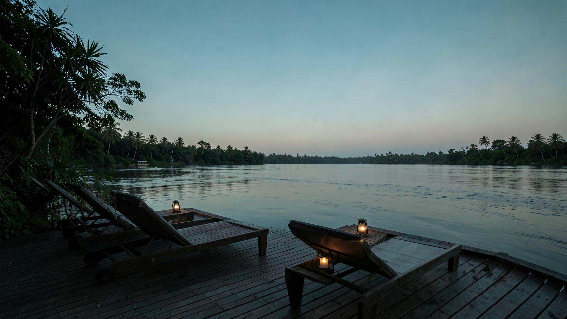 Loungers and lanterns on a waterfront deck at dusk beside the Volta River