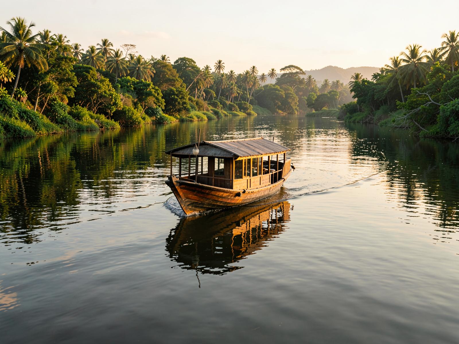 A covered wooden boat cruising slowly along the Volta River at golden hour