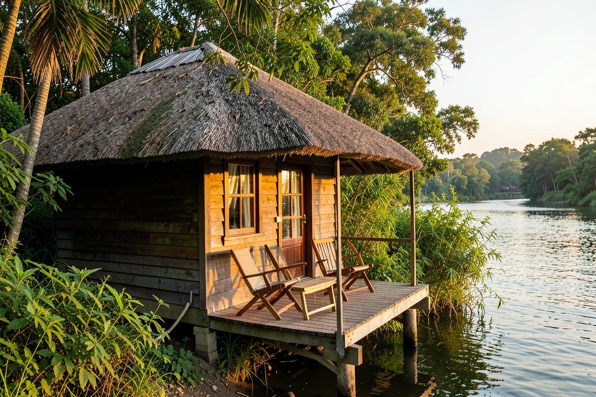 Timber waterfront cabin with a small private veranda at the river's edge