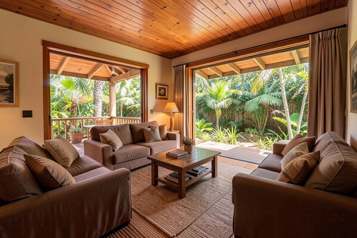 Chalet living area opening to a shaded veranda