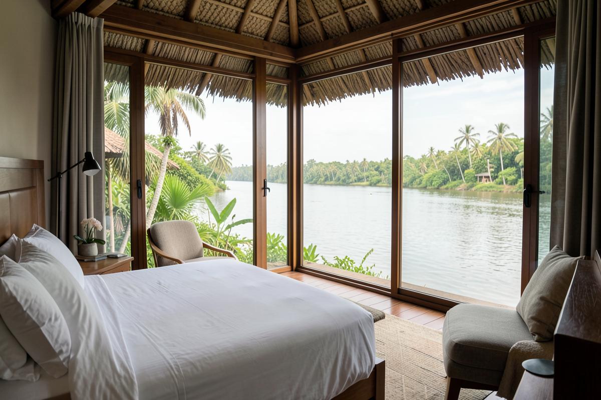 River View Room with bed facing wide windows over the water