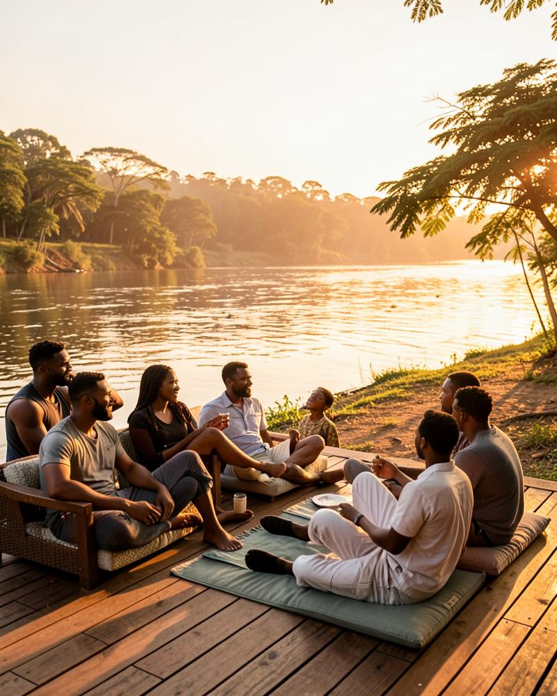 Guests gathered on the riverside deck at golden hour