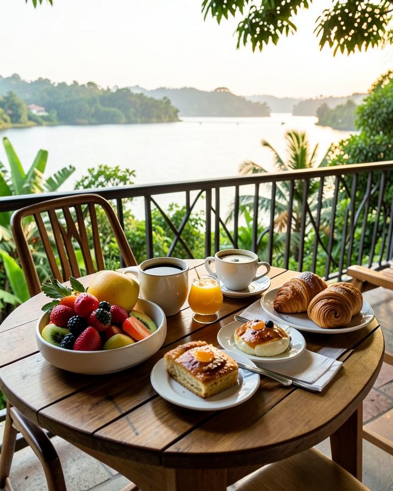 Breakfast of fruit, pastries and coffee on a veranda overlooking the river