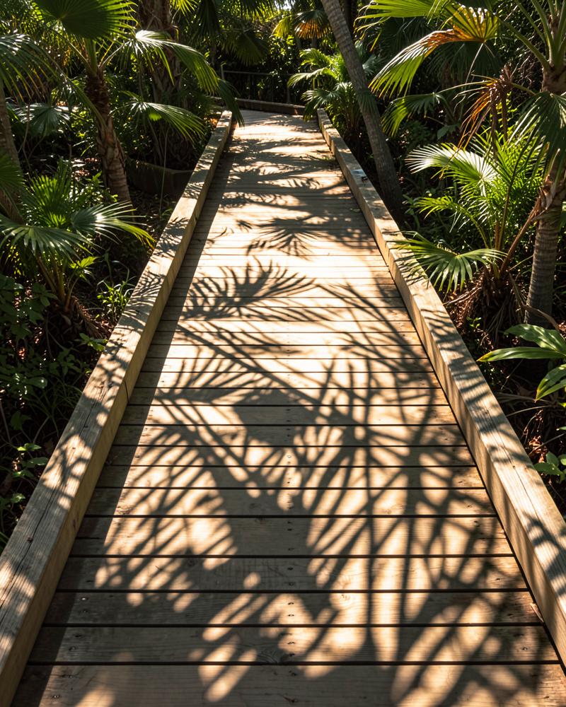 Palm shadows falling across a timber boardwalk