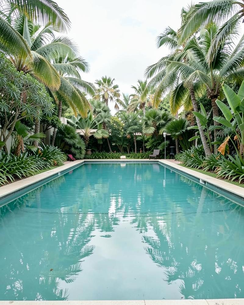 The resort pool framed by palms and tropical planting