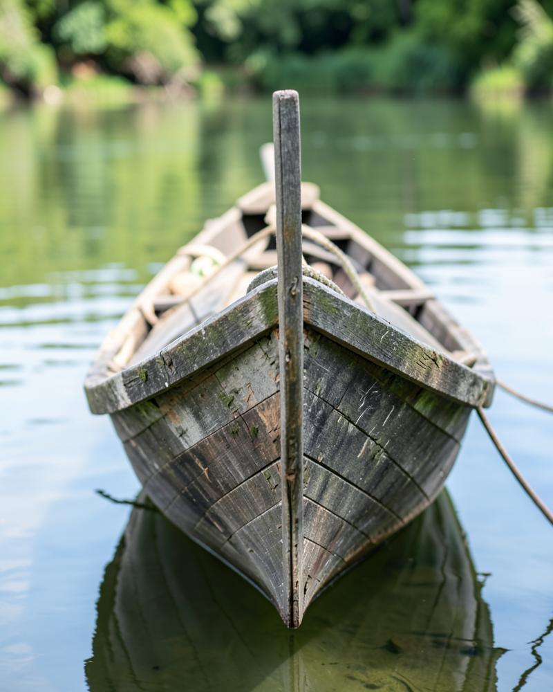 The bow of a wooden boat resting on clear river water