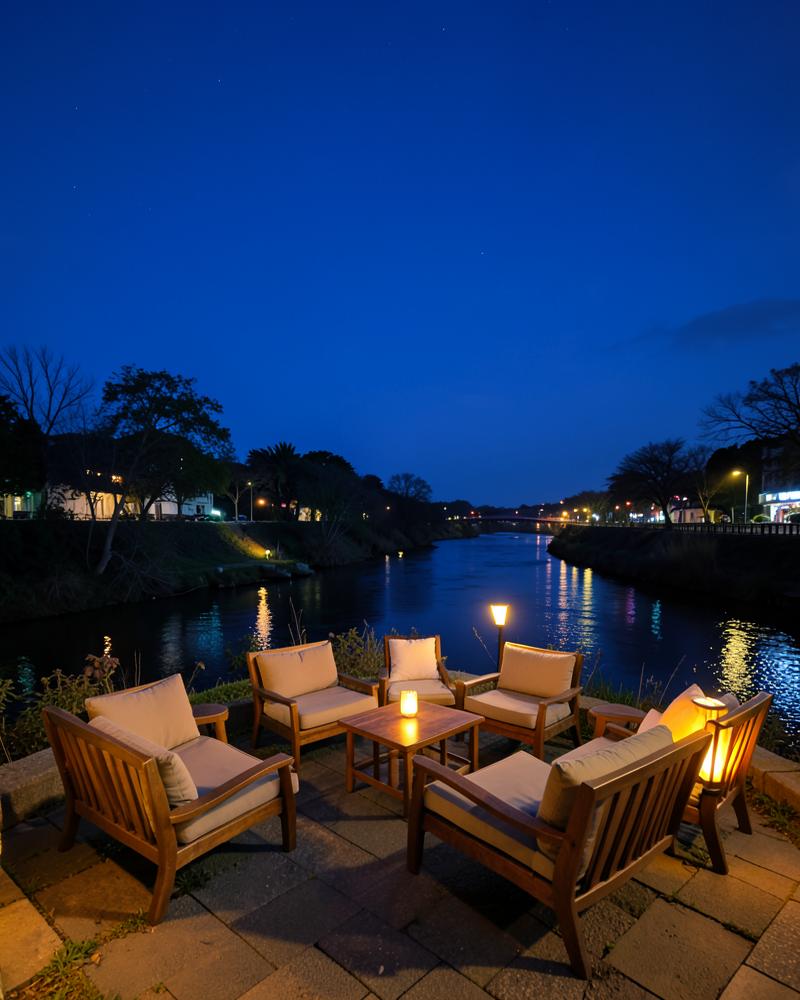 Lantern-lit riverside seating after sunset