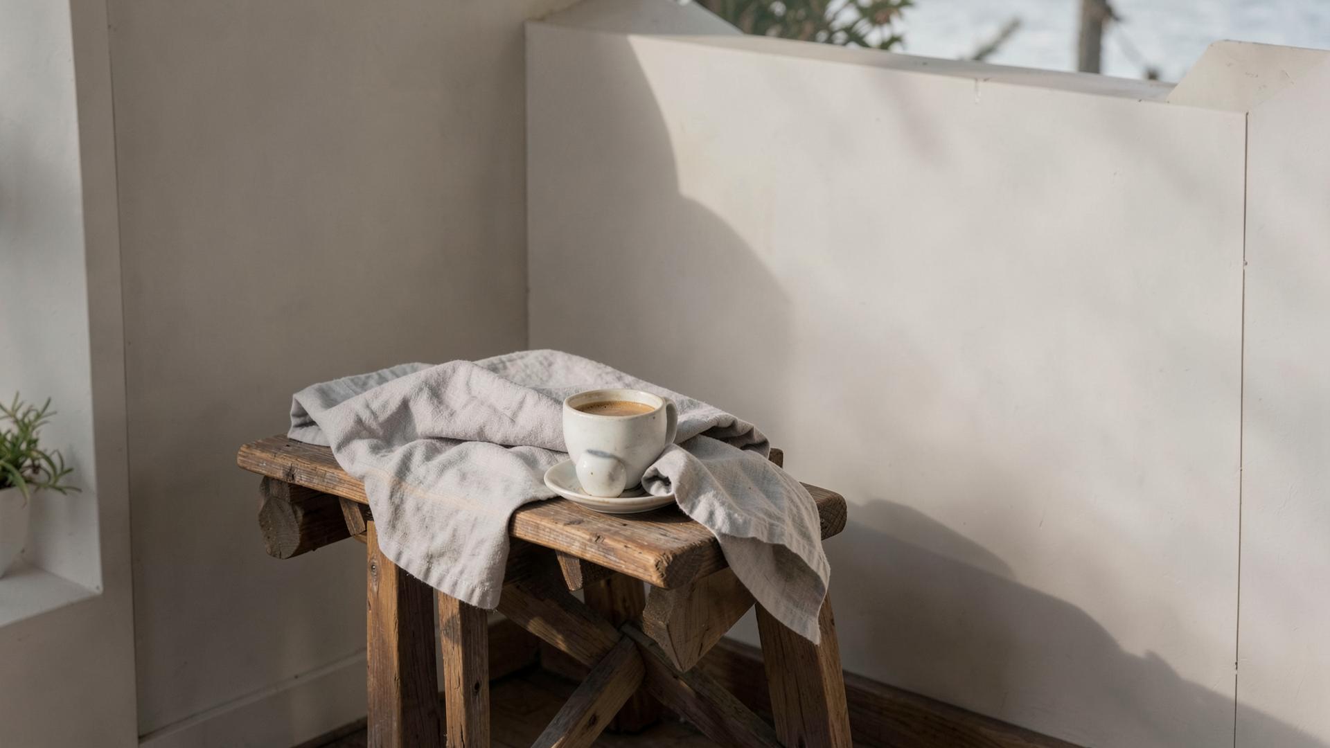 A folded linen throw and a cup of coffee on a timber table on a quiet veranda